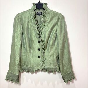 Adrianna Papell Green Satin Evening Jacket Women 10P Ruffles Fairy Shimmer